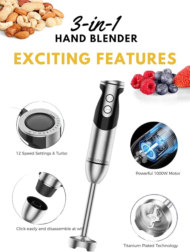 MegaWise Stainless Steel Titanium Reinforced 3-in-1 Immersion Hand Blender, Powerful with 80% Sharper Blades, 12-Speed Corded Blender, Including Whisk and Milk Frother (3-in 1 Black)
