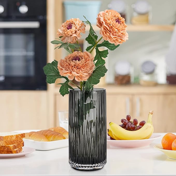 Flower Vase 9.5 inch Grey Thickened Hand Blow Glass Vase Round Vintage Striped Bottles for Bookshelf,Dinner Table,Indoor Office Desktop,Meeting Room,Bathroom,Countertop,Home