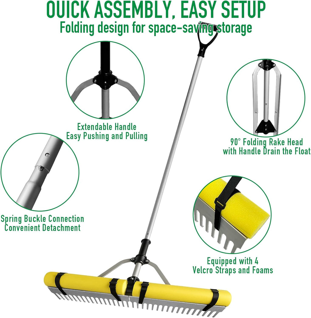 Floating Lake Rake, 36" Head Aluminum Landscape Rake with 103" Adjustable Handle, 20FT Rope & Float, Weed & Algae Removal of Leaves, Floating Scum