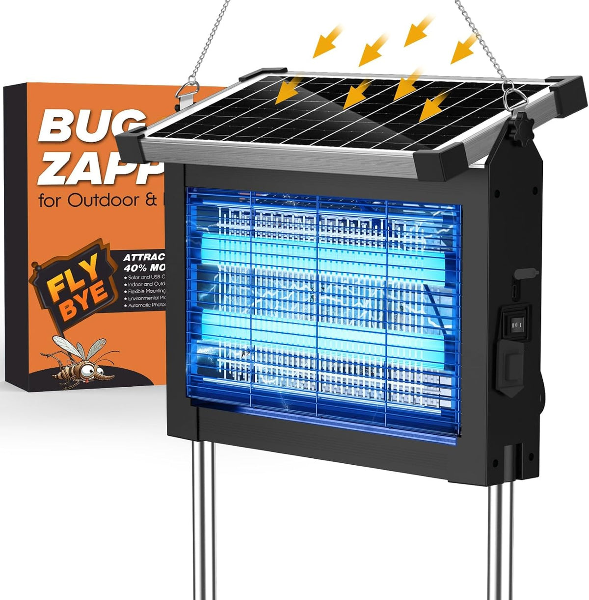 Solar Bug Zapper Outdoor, Jinyeda 4500V Rechargeable Mosquito Zapper 4000mAh Battery, Detachable Solar Panel, Waterproof Mosquito Killer, Cordless Fly Insect Zapper for Indoor Patio Garden Camping