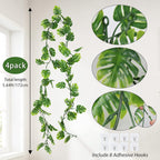 RECUTMS 4Pcs Artificial Monstera Leaves Vines, 5.9FT Fake Hanging Plant Ivy Faux Tropical Palm Leaf Greenery Garland for Garden Porch Patio Jungle Luau Beach Birthday Party Indoor Outdoor Spring Décor
