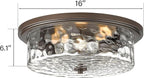 Large Industrial Flush Mount Ceiling Light, 16" 3-Light Modern Ceiling Light Fixture, Farmhouse Close to Ceiling Lighting,Hammered Glass Ceiling Light for Bedroom, Living Room, Kitchen Island