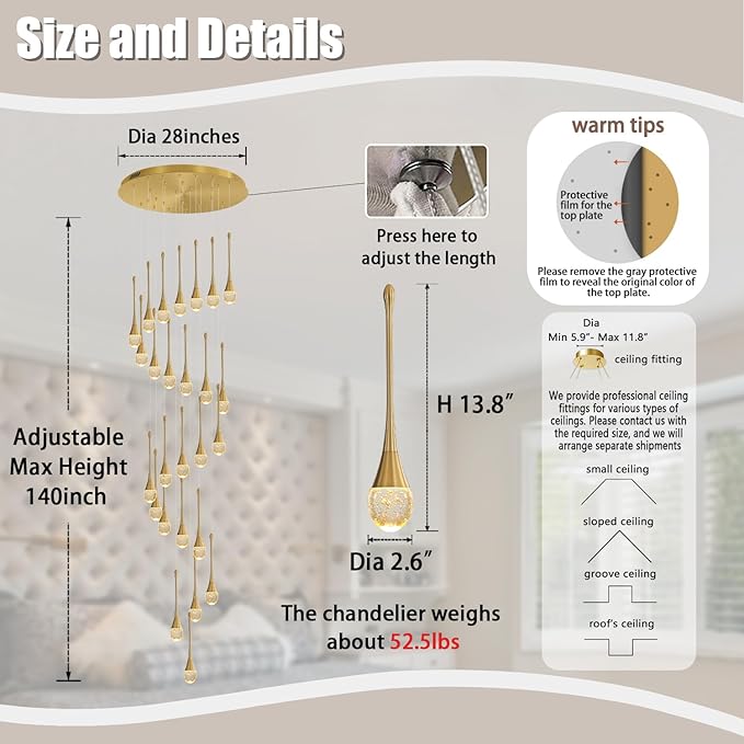 138'' Large Chandeliers for Living Room Modern Crystal Gold Chandeliers Spiral Staircase Pendant Light High Ceiling Lamp Fixture for Foyer Entrance Dimmable 2700-6000K