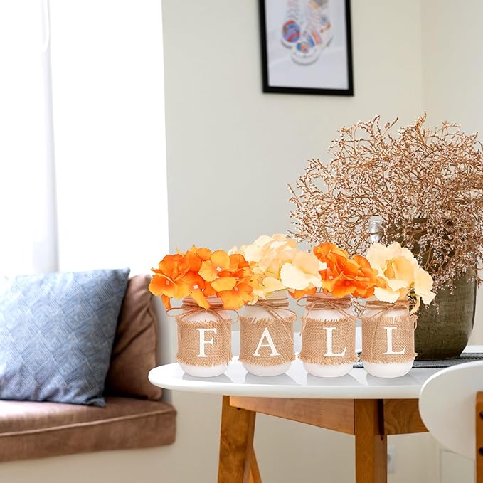 Fall Decor for Home, Autumn Themed Mason Jars Centerpiece Decorations - Perfect for Thanksgiving Decorations 4 Packs Fall Color Pint Mason Jars with Fall on Jute Cover