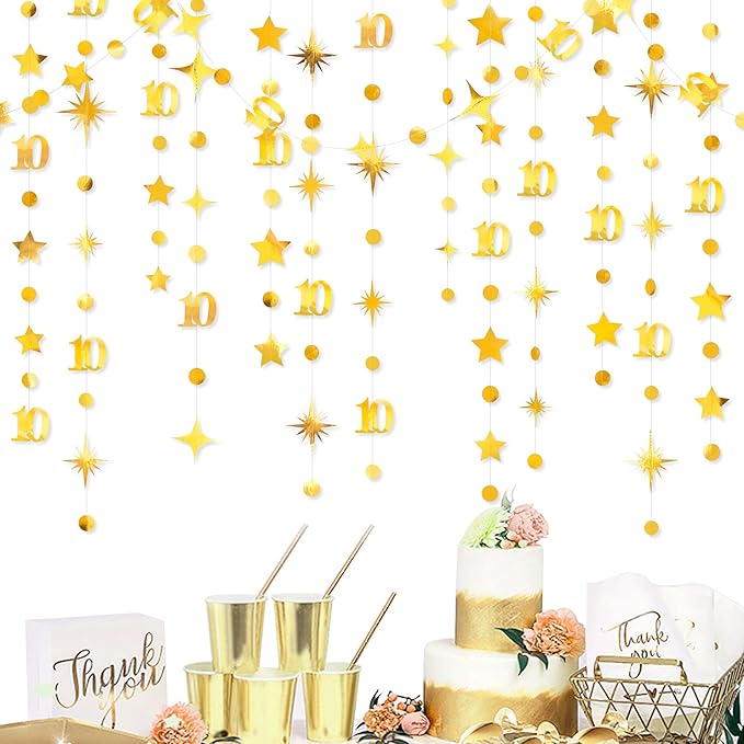 Gold 10th Birthday Decorations Number 10 Circle Dot Twinkle Star Garland Metallic Hanging Streamer Banner Backdrop for Girls Boys Double Digits Ten Year Old Birthday 10th Anniversary Party Supplies