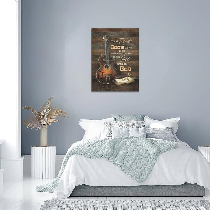 Christian Guitar Wall Art Rock Music Guitar Wall Decor Musical Pictures Artwork Inspirational Quotes Canvas Prints Music Room Decor For Music Studio Bedroom Living Room Bathroom Framed 12"x16"