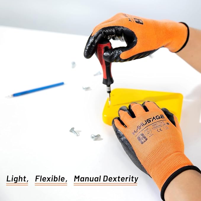 MANUSAGE Safety Work Gloves - Protective Glove for Men & Women - Ultrathin Hand Protection - For Construction, Gardening, Landscaping - Orange - Size M - 3 Pairs