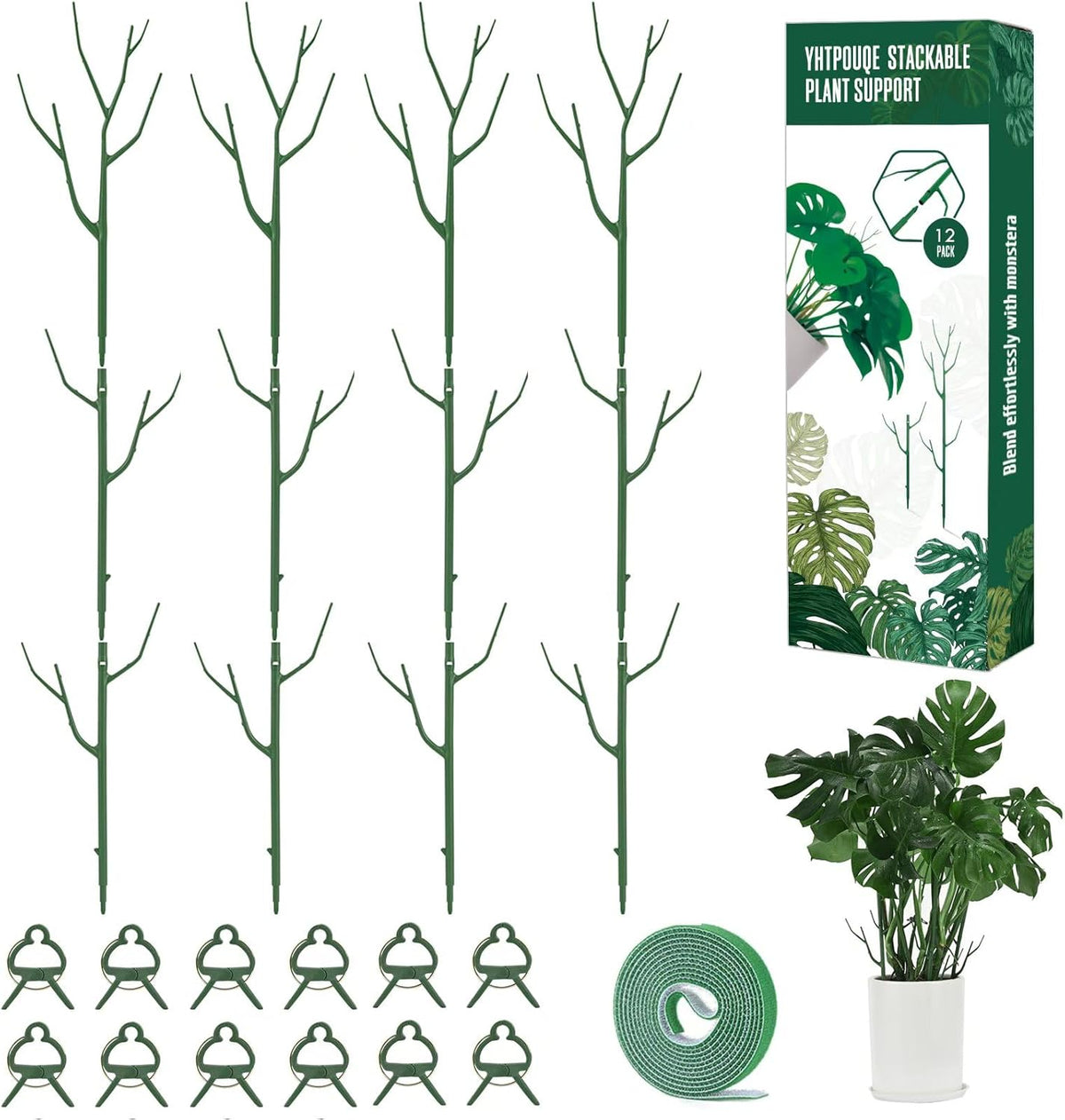 12 Pack Plant Support Stakes, Plant Stakes for Indoor and Outdoor Plants. 39.37inch Plant Sticks with Extension Poles, Plant Clips, Plant Ties for Potted Monstera Plants, Climbing Plants
