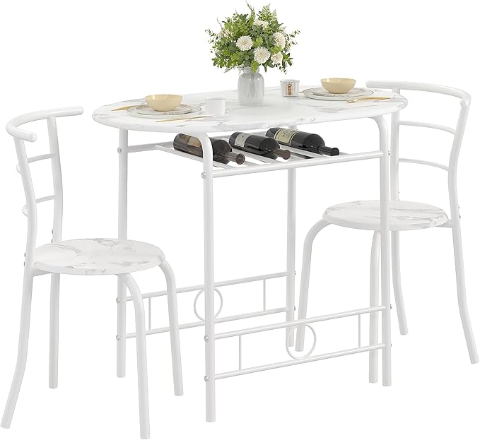 VECELO 3-Piece Dining Table Set for Kitchen Breakfast Nook, Faux Marbled Oval Tabletop and Metal Frame with Built-in Wine Rack, for Small Spaces, White