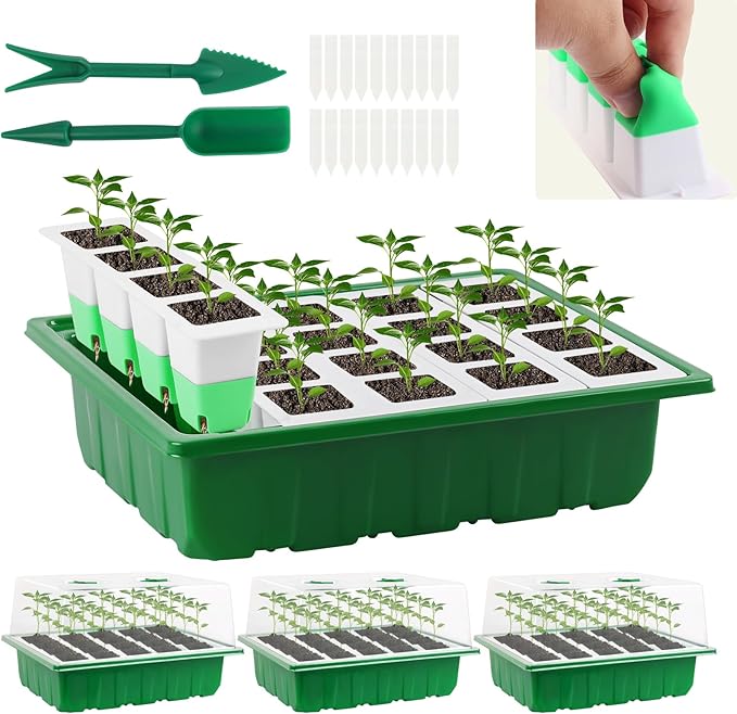 Sondiko Seed Starter Tray with Soft Silicone Cells, 80 Cells Seedling Trays Seed Startering Kit, 4 Pack Plant Starter Trays with Humidity Dome, Base Mini Greenhouse Germination Kit