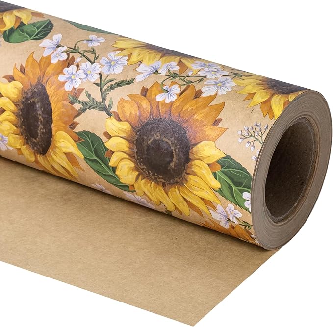 WRAPAHOLIC Kraft Floral Wrapping Paper Roll - Mini Roll - 17 Inch x 33 Feet - Sunflower Design, Perfect for Birthday, Baby Shower, Party, Holiday