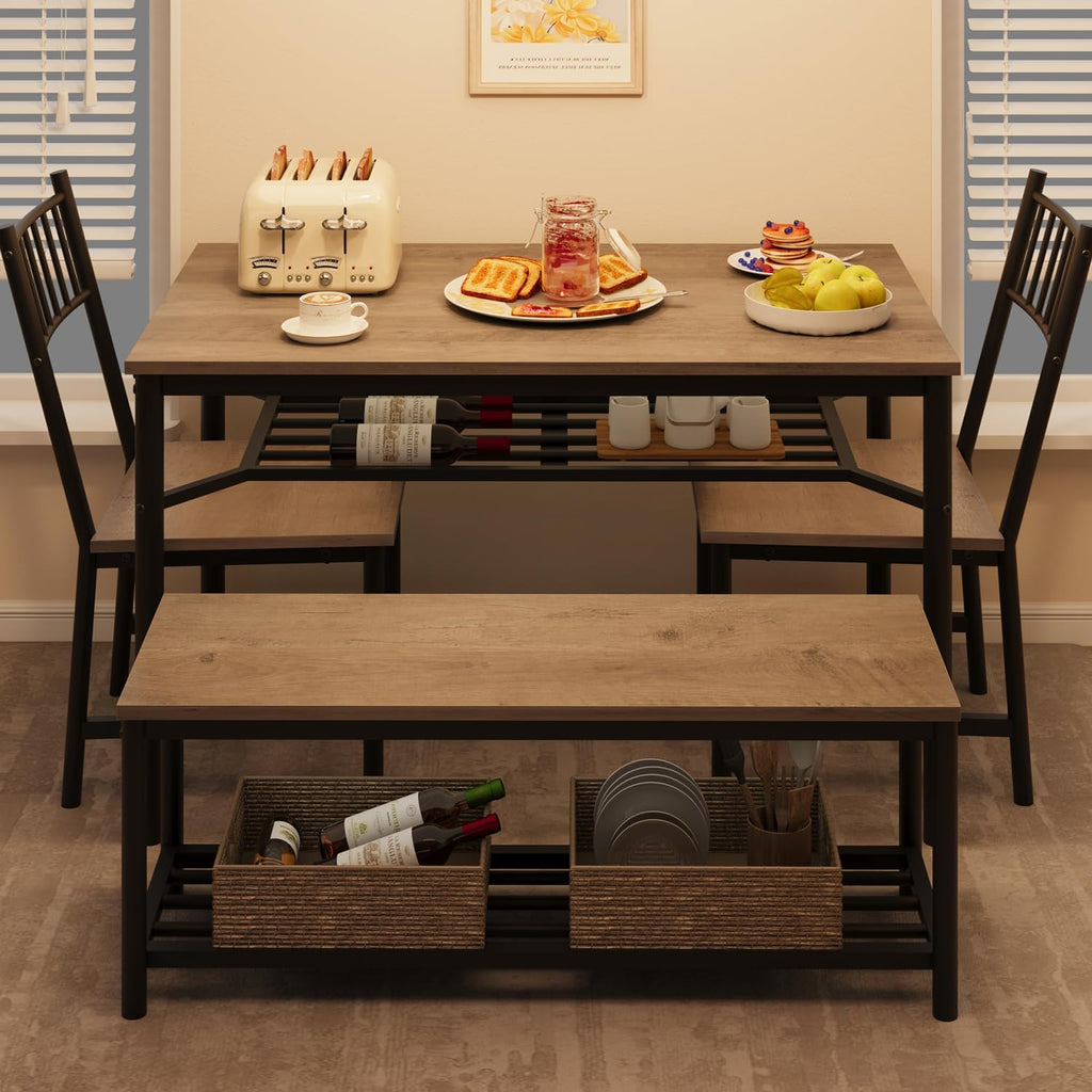 GarveeHome Dining Table Set for 4, Kitchen Table and Chairs for 4 with Wine Rack, Room Dining Table Set with Storage Benches, Rectangular Kitchen Table Set for Small Space, Apartment, Retro Gray