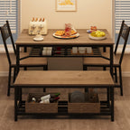GarveeHome Dining Table Set for 4, Kitchen Table and Chairs for 4 with Wine Rack, Room Dining Table Set with Storage Benches, Rectangular Kitchen Table Set for Small Space, Apartment, Retro Gray