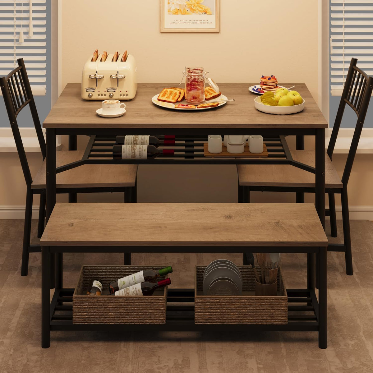 GarveeHome Dining Table Set for 4, Kitchen Table and Chairs for 4 with Wine Rack, Room Dining Table Set with Storage Benches, Rectangular Kitchen Table Set for Small Space, Apartment, Retro Gray