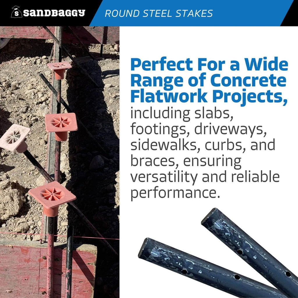 Sandbaggy Round Steel Concrete Form Stakes with Nail Holes - Rust Resistant Coating - Removable, Reusable (5, 3/4 in X 60 in)