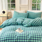 FACE TWO FACE Bedding Duvet Cover Set100% Washed Cotton Duvet Cover Linen Like Textured Breathable Durable Soft Comfy (King, Blue Green Grid)