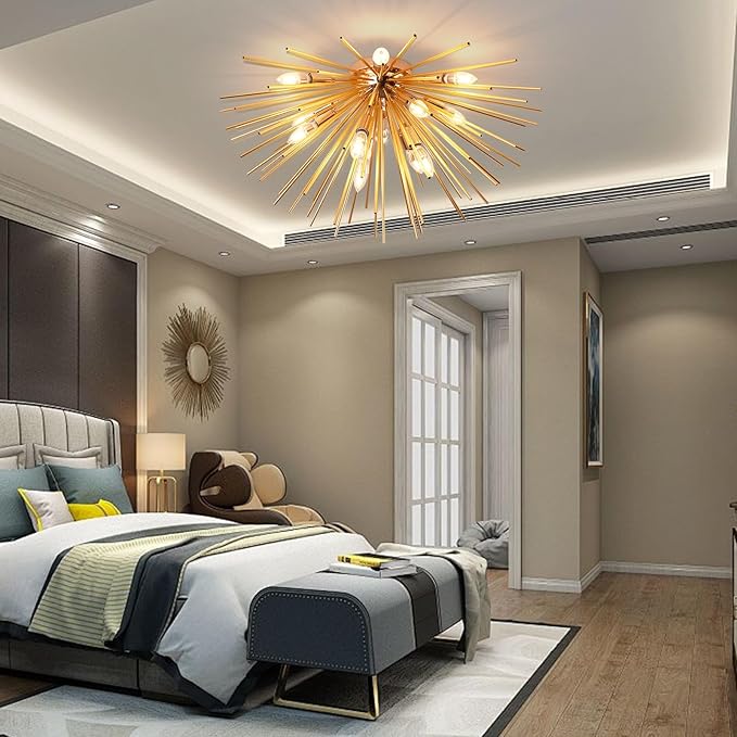 Jaycomey Sputnik Ceiling Light Fixtures, Mid-Century 12 Lights Gold Firework Ceiling Light, Modern Semi Flush Mount Ceiling Lamp for Bedroom Living Dining Room, E12, Dia 29.5 Inch