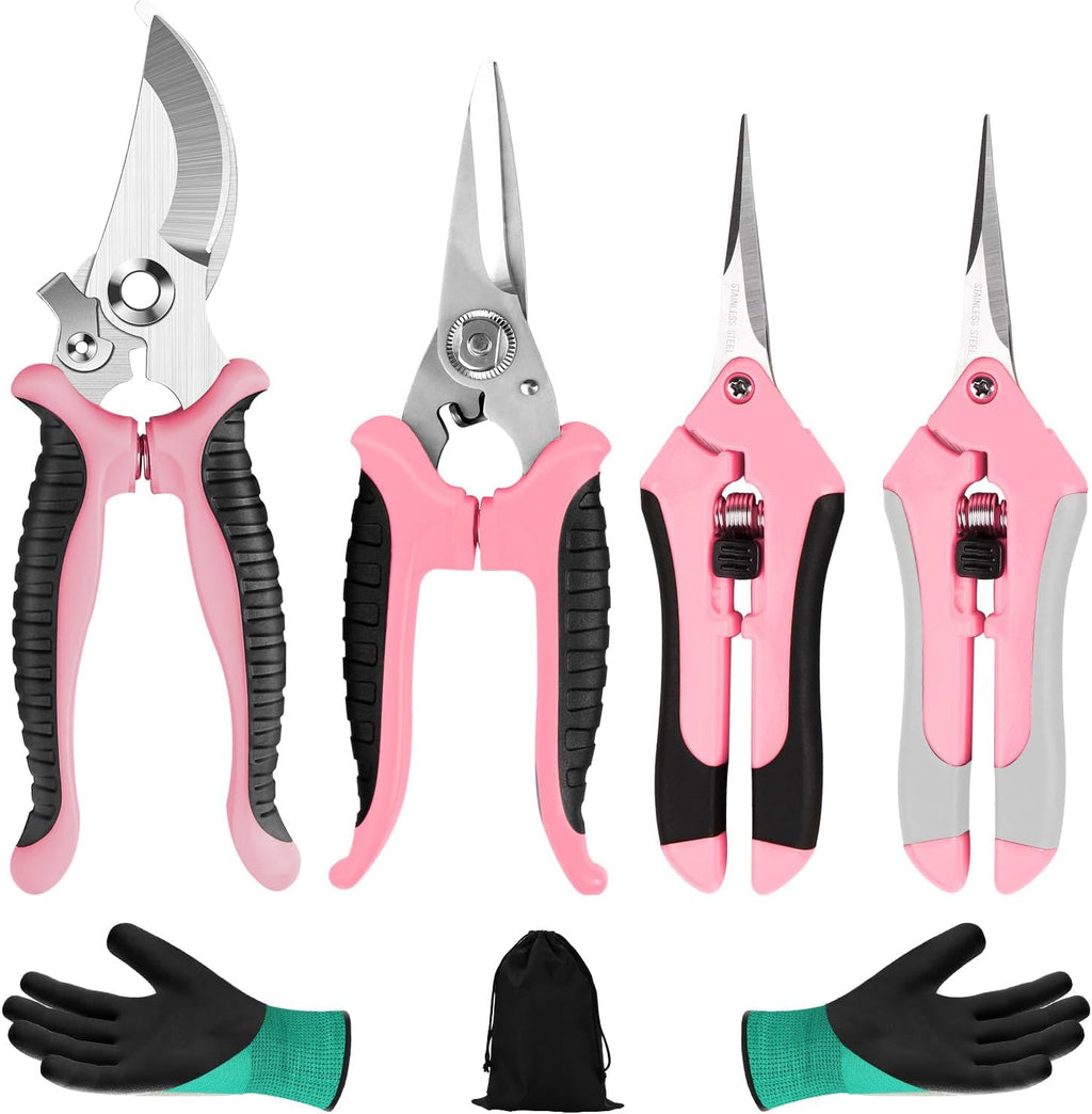 4 Packs Garden Pruning Shears Stainless Steel Blades Handheld Pruners Set with Gardening Gloves(Pink)