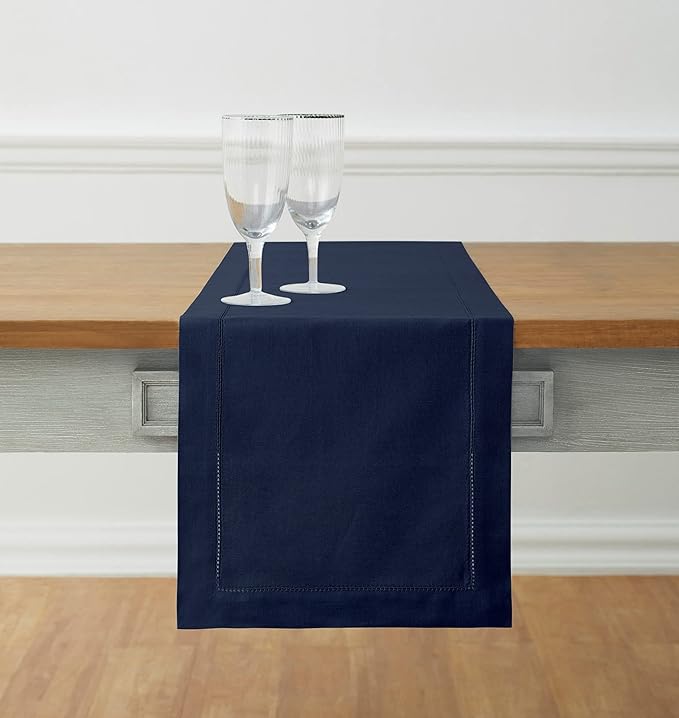 Solino Home Navy Blue Table Runner 144 Inches Long - Cotton Linen Hemstitch Extra Long Table Runner 14 x 144 Inch for Thanksgiving, Christmas, Holiday