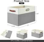 Large Collapsible Fabric Storage Bins with 3 Handles, Foldable Organizer Baskets for Closet, Shelves, Living Room | 3 Pack, Durable PU & Metal Handles (17"x11.8"x11.8", Gray & White)