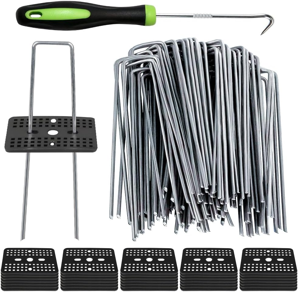 Bakulyor 100 Pcs Landscape Staples + 100 Pcs Gasket, 6 Inch Garden Stakes Staples 11 Gauge U Shaped Galvanized Lawn Landscape Pins, Heavy Duty Yard Ground Pin for Weed Barrier Sod Fabric Decorations