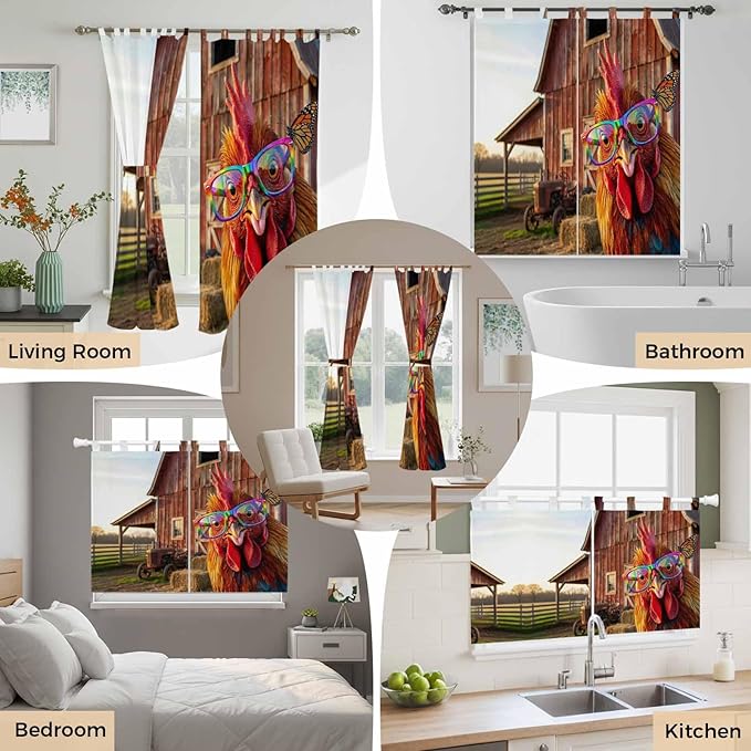 Farm Rooster Living Room Curtains 84 Inch Length, Window Curtains Tab Top, Farmhouse Barn Funny Animals Butterfly Light Filtering Window Treatments Drapes 52"x84" 2 Panel