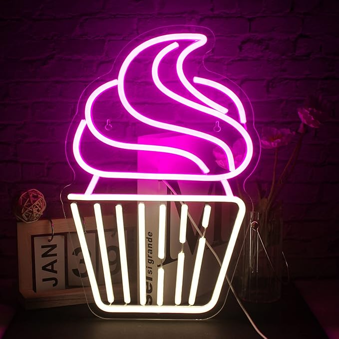 Cupcake Neon Sign Led Pink Warm White Neon Lights for Wall Decor Usb Light Up Signs for Bakery Dessert Shop Resturant Bar Cafe Candyland Party Decorations
