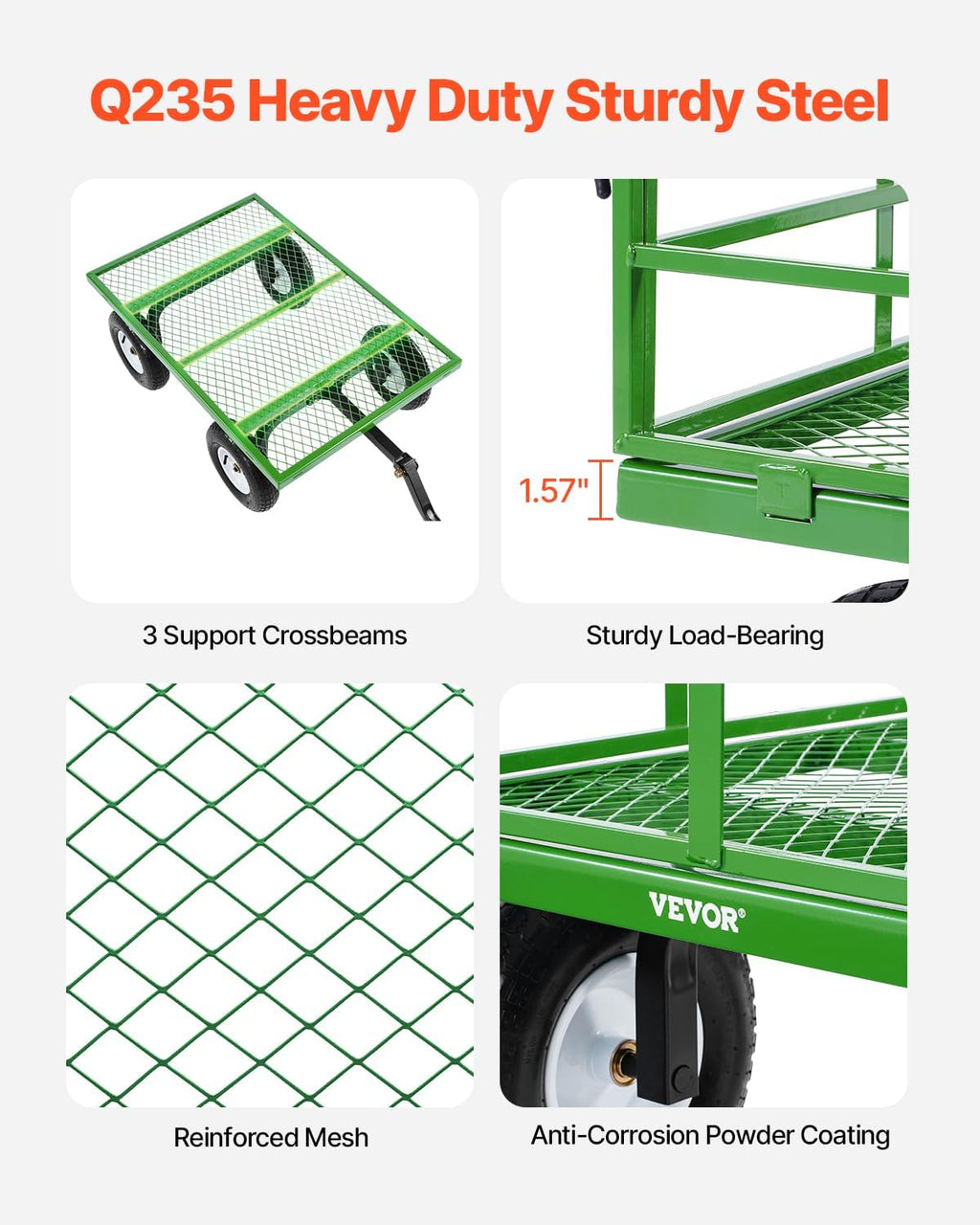 VEVOR 1200 Lbs Steel Garden Cart, Heavy Duty Pullable Garden Wagon Yard Cart, 2 in 1 Outdoor Metal Utility Wagon Yard Trailer with 13" All Terrain Tires, Mesh Removable Sides and 180°Rotating Handle