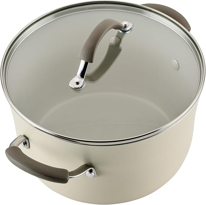 Rachael Ray Cucina Ceramic Cookware Set - 13 Pieces - Ceramic Pots and Pans Set w/Nonstick Frying Pans, Saute Pan, Saucepans, Stockpot, Lids, Pan Protectors & Cooking Utensils - Almond