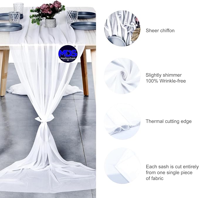 MDS Halloween Chiffon Table Runner - 15 Pack, 29 x 170 Inches, 14ft Each - Sheer Spooky Table Runners for Haunted House Parties, Trick-or-Treat Tables, Witchy Décor, Wedding & Events - White