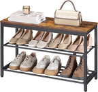 HOOBRO Shoe Storage Bench, 29.5" L Entryway Bench Organizer, 3-Tier Shoe Rack for Closet, Shoe Shelf with Wooden Top Seat, Loads 300 lb, Space-Saving, Rustic Brown and Black BF76HX01