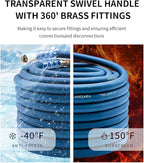 Heavy Duty Premium Garden Hose 150ft x 5/8", 300PSI Working, 1000PSI Burst, Hybrid Rubber Water Hose with Transparent Swivel Handle - Hot/Cold Water - Five Layered Braiding with Brass fittings (Blue)