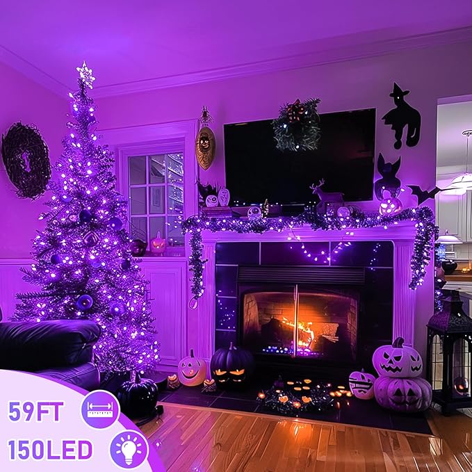 JMEXSUSS Connectable Purple Lights Indoor, 150 LED 8 Modes Halloween String Lights Outdoor Waterproof, 59FT Purple Halloween Light for Party Bedroom Tree Christmas Decorations