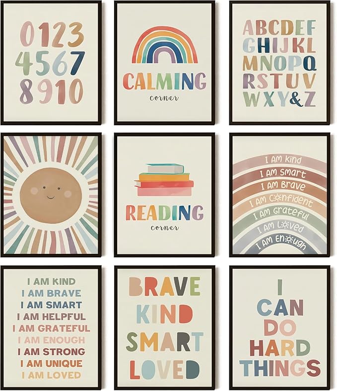 Baby Alphabet Wall Art Set of 9, 1 2 3 number Rainbow Canvas Posters Prints, Kids ABC Positive Affirmation Wall Decor Paintings for Kids Room Nursery Bedroom Home Decor 8x10In Unframed