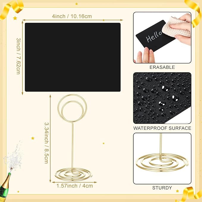TecUnite 12 Pcs Mini Chalkboard Signs, 4"x3" Small Chalkboard Label with Metal Stand 2 Water Based Chalk for Food Buffet Tabletop Blackboard Sign for Party Bakery(Gold,3.4 x 1.6 in)