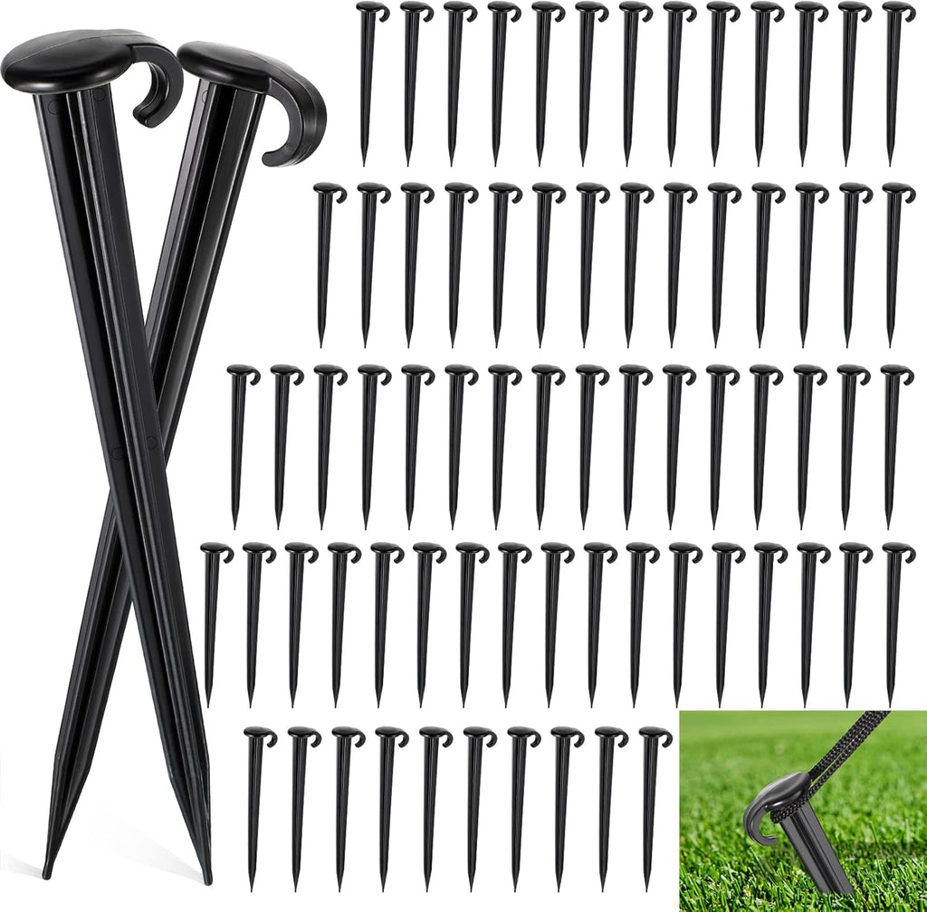 Vicenpal 100 Pcs 7 Inch Plastic Yard Stakes Inflatables Heavy Duty Plastic Garden Stakes for Tent Ground Replacement Outdoor Fence Lawn Pegs Landscape Staples Halloween Christmas Decorations (Black)