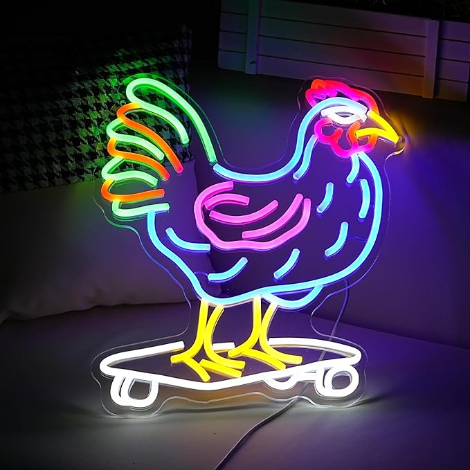 Dimmable Chicken Neon Sign for Wall Decor Funny Skateboarding Rooster LED Neon Light USB Powered Light Up Animal Sign for Bedroom Birthday Party Kids Gifts(16.5 * 13In）