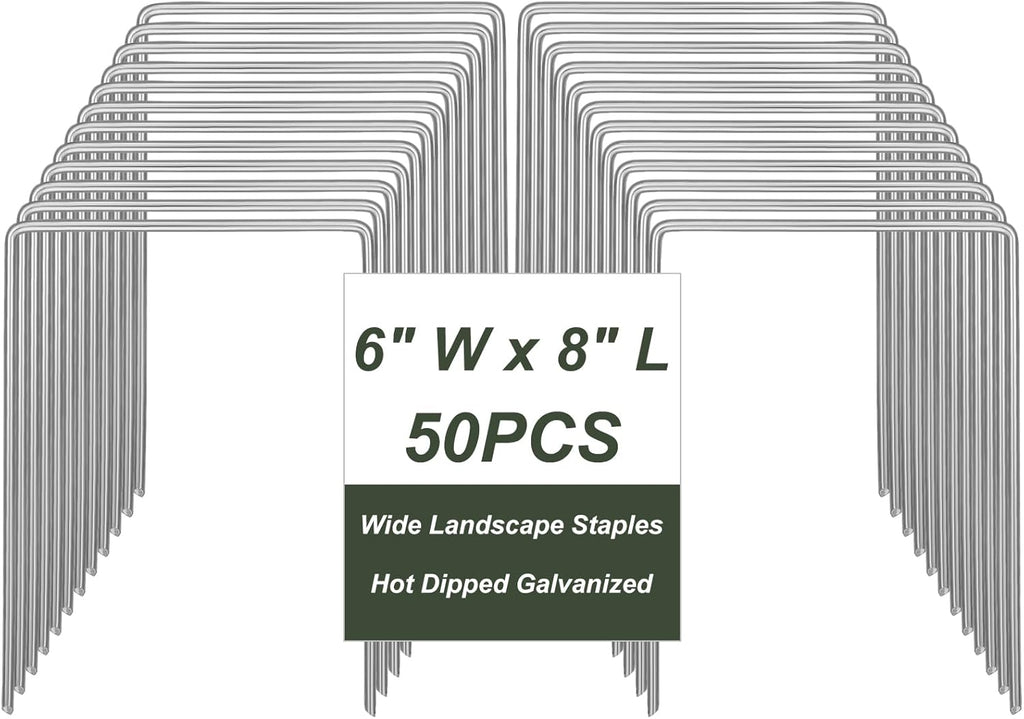 50 Pack Heavy Duty Wide Landscape Staples, 7 Gauge Galvanized Steel Turf Stakes Garden Stakes Bulk, U Type Anchor for Grass, Securing Weed Barrier Fabric, Pipes, Sod (8"x6")