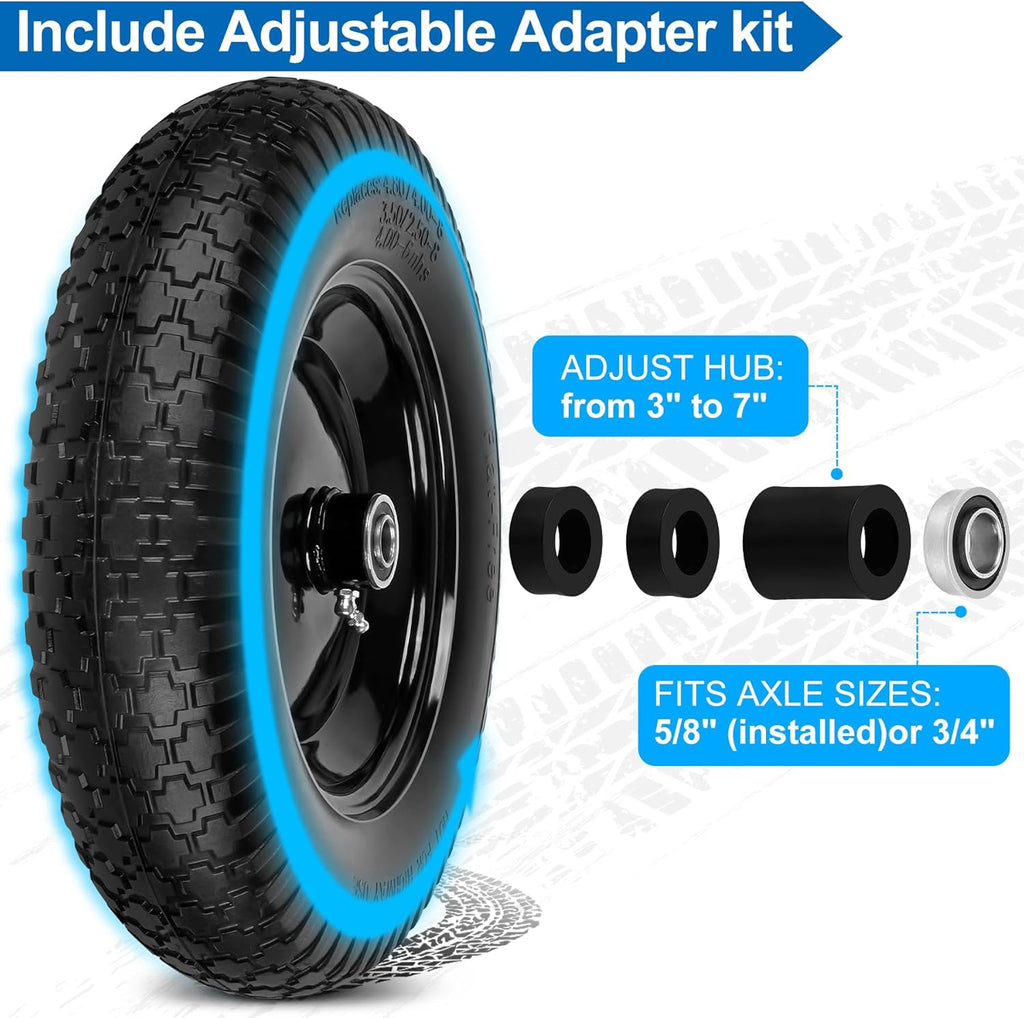 4.80/4.00-8" Flat Free Wheelbarrow Tires and Wheels, 14.5" Universal Fit Solid Tires with 5/8" or 3/4" Bearing, 3"-7" Hub, Adapter Kit Hand Truck Wheels Replacement for 3.50/2.50-8", 4.00-6"etc, 2 PCS