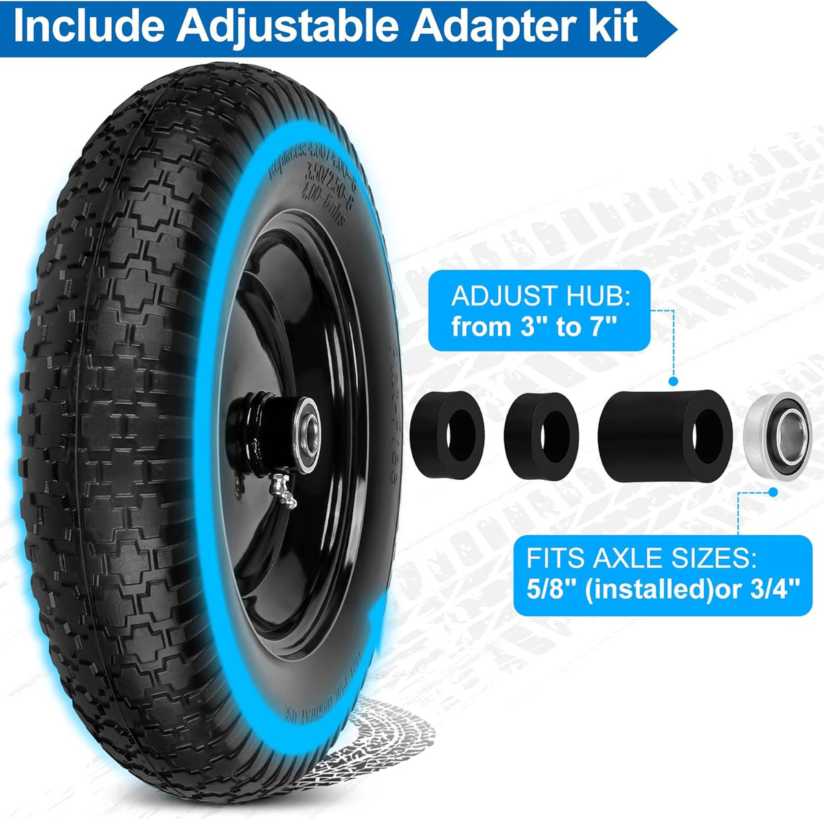 4.80/4.00-8" Flat Free Wheelbarrow Tires and Wheels, 14.5" Universal Fit Solid Tires with 5/8" or 3/4" Bearing, 3"-7" Hub, Adapter Kit Hand Truck Wheels Replacement for 3.50/2.50-8", 4.00-6"etc, 2 PCS