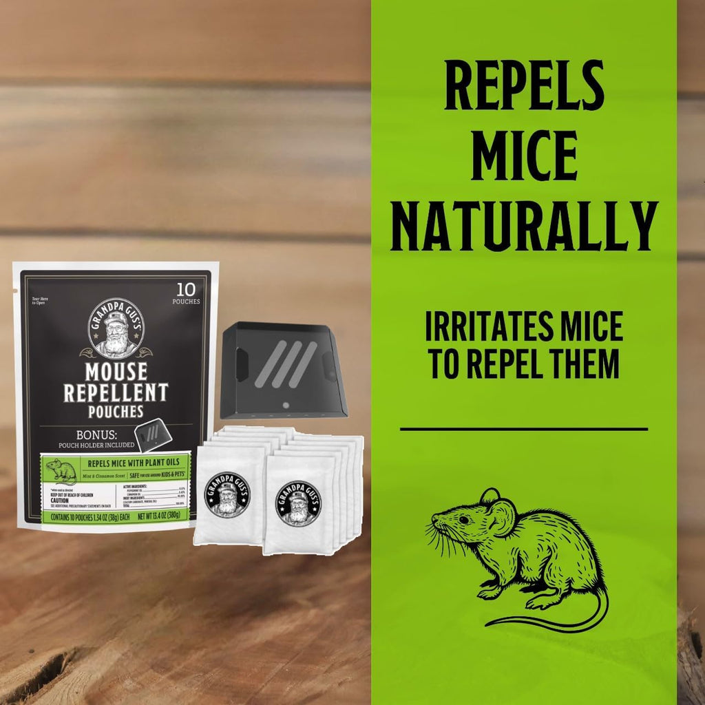 Grandpa Gus's Extra-Strength Mouse Repellent with Bonus Pouch Holder, Cinnamon/Peppermint Oils Repel Mice from Nesting & Freshen Air in Car/RV/Boat/Garage/Shed/Cabin, 1.75 Oz (10 Pouches)