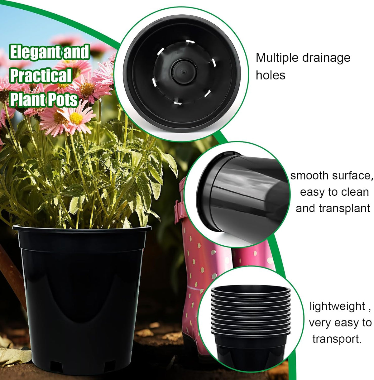 1.5 Gallon Plastic Nursery Pots, 7.5 Inch Round Plant Pots with Drainage Holes, 15 Pack Flower Pots for Outdoor Indoor Plants, Flowers, Gardening Gifts for Women, Black
