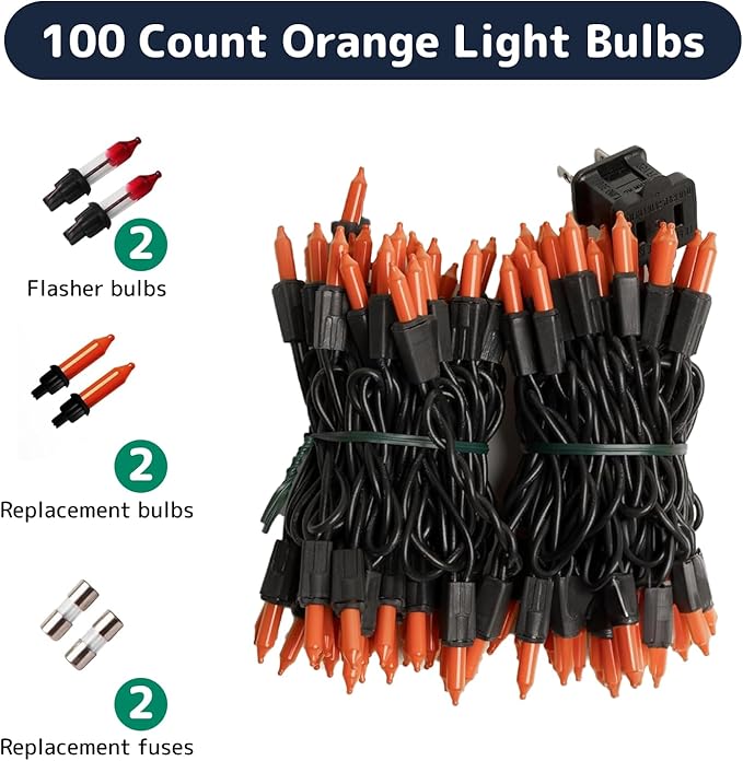 PREXTEX Halloween Lights (20 Feet, 100 Bulbs) - Halloween Party Decorations and Christmas Lights with Black Wire - Holiday Decorations Indoor or Outdoor String Twinkle Lighting - Orange