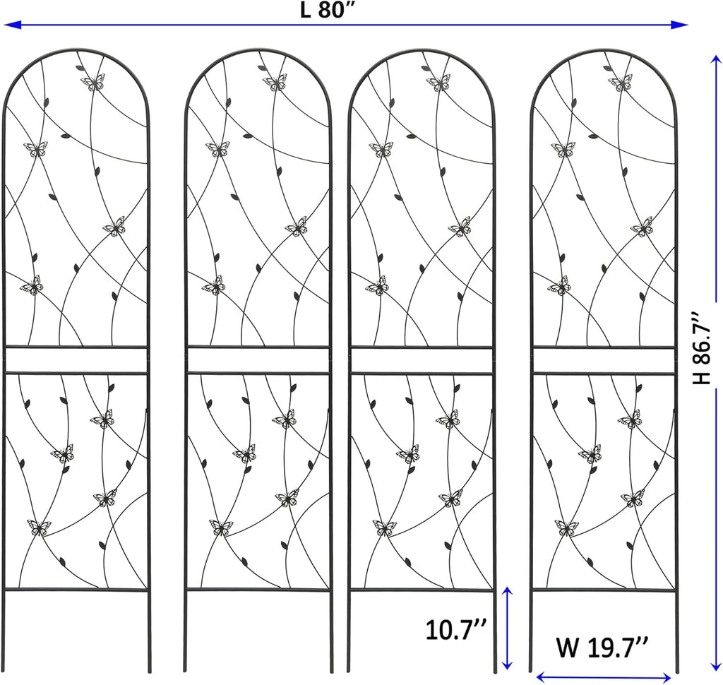 4 Pack Metal Garden Trellis 86.7" Tall Outdoor Climbing Plant Support for Roses, Flowers, Rustproof Durable Black Galvanized Tube, Lawn Garden Fence Decor Screen (4, Black flutter-86.7" H)