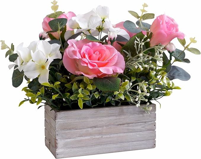 Artificial Flowers Fake Pink Roses Hydrangeas Arrangements in Pot for Home Wedding Table Centerpieces Indoor Outdoor Decoration(New Pink)
