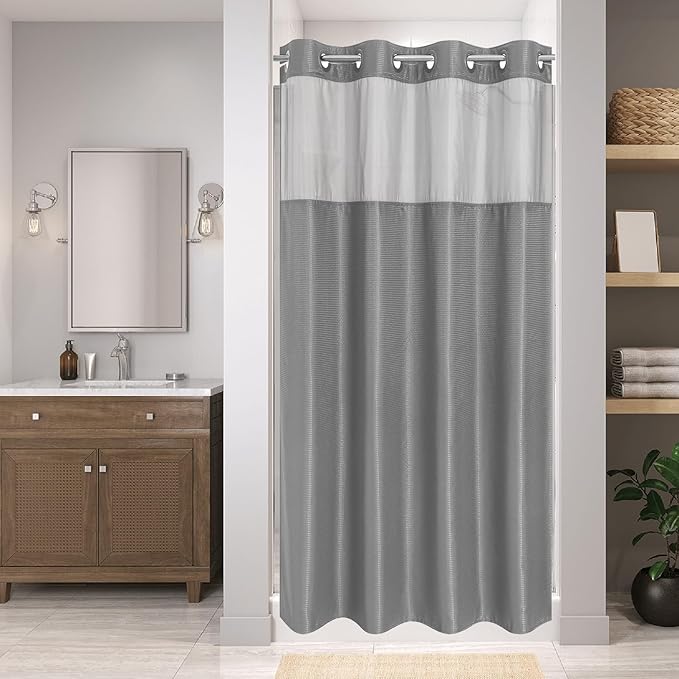 Stall No Hook Shower Curtain with Snap-in Fabric Liner Set,Waffle Weave Shower Curtains for Bathroom,Hotel Luxury Decor Bathroom Curtain Set,Waterproof & Washable,Grey,54Wx80H