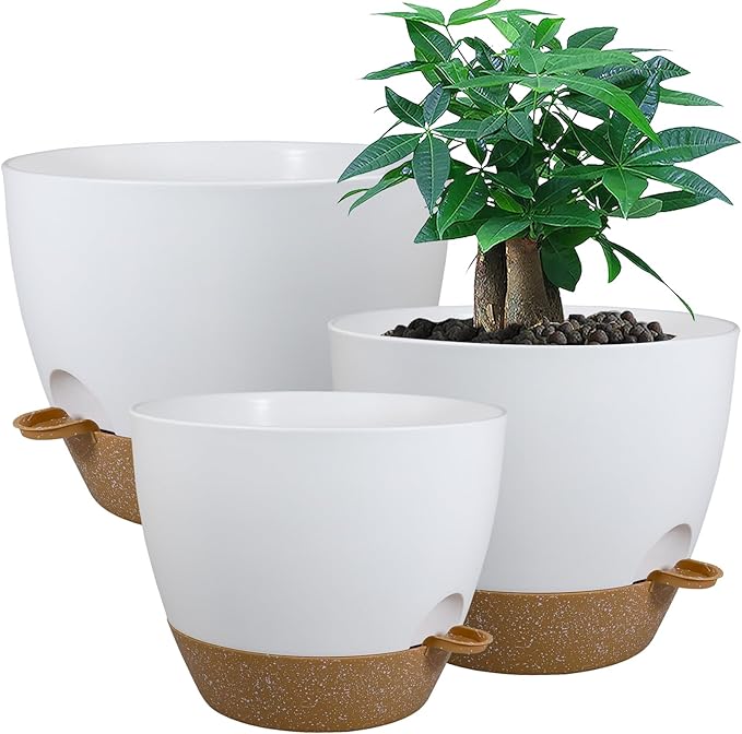 Large Self Watering Pots, 12/10/9 Plastic Planters with High Drainage Holes and Deep Reservoir for Indoor Outdoor Garden Plants and Flowers, White with Brown