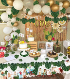 RECUTMS Artificial Tropical Palm Leaves 72Pcs 7 Kinds Green Gold Fake Monstera Leaf with Stem for Safari Jungle Hawaiian Luau Beach Baby Shower Wedding Birthday Party Table Summer Spring Decoration