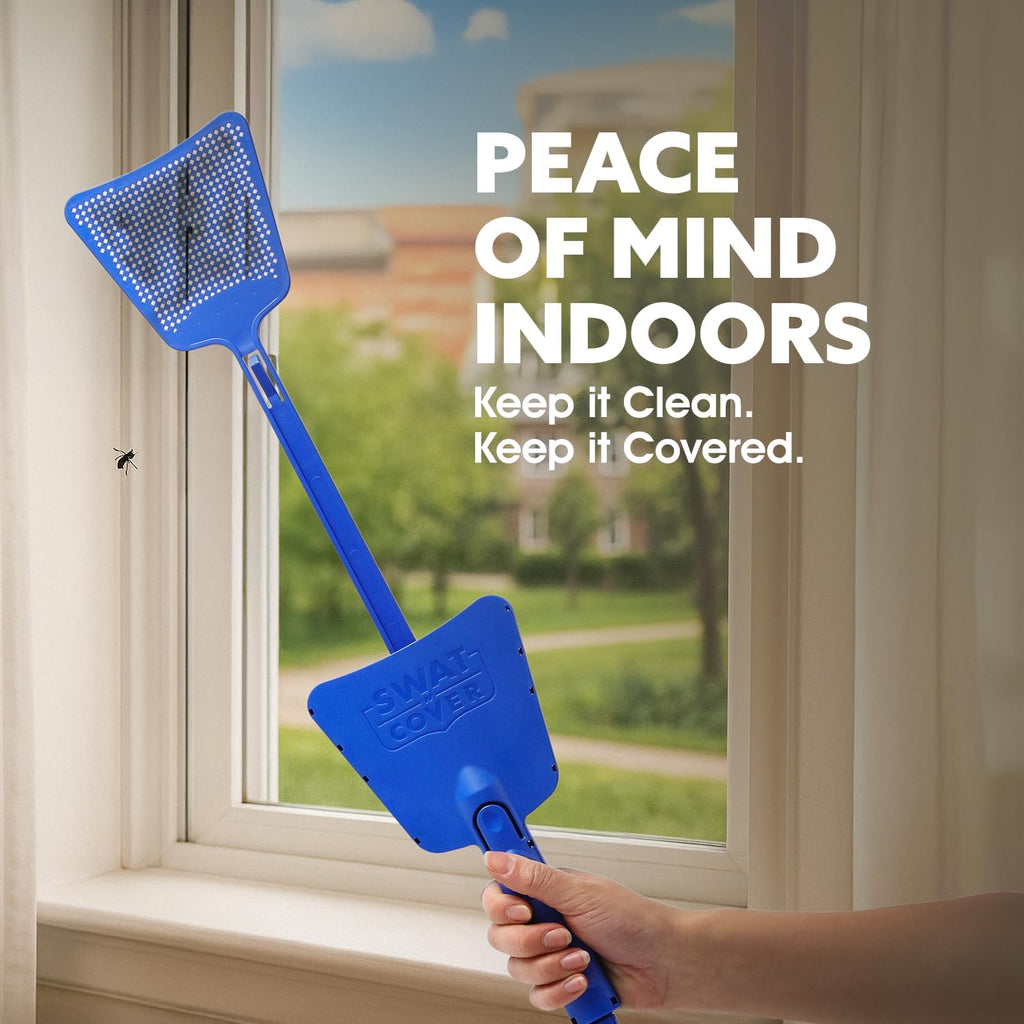 Improved Fly and Bug Swatter w/Integrated Cover, Flexible Bug Smasher for Flies and Bugs Swatting, Surface-Friendly Design, Adjustable Racket Handle - Fly Swatter for Indoors (Pack of 2)