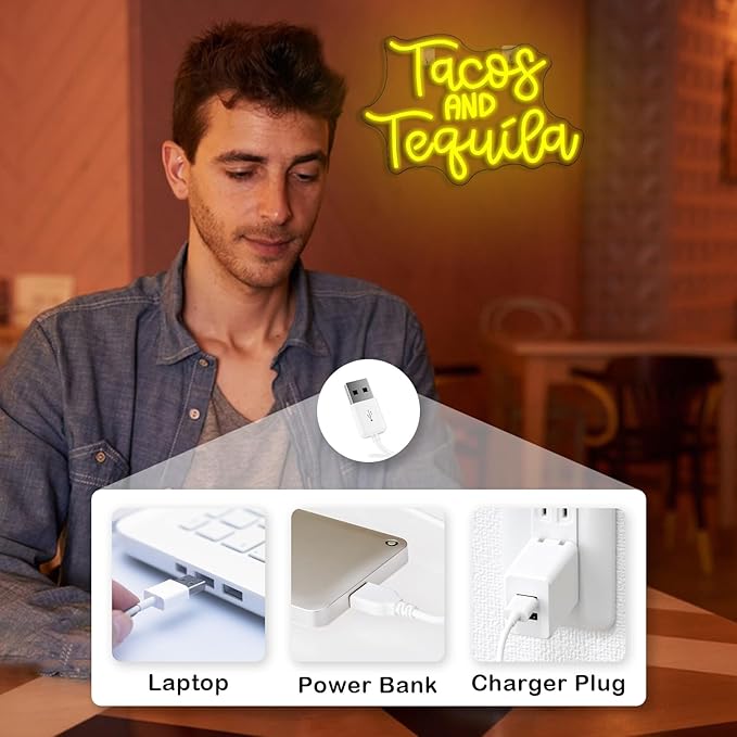 Looklight Tacos and Tequila Neon Sign,Taco Led Neon Signs for Wall Decor,Lemon-yellow Neon Light Sign,Letters USB Connectivity Neon Light Up Sign for Fast Food Shop Bar Kitchen Mexican Restaurant